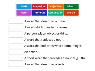 Match up definitions of parts of speech