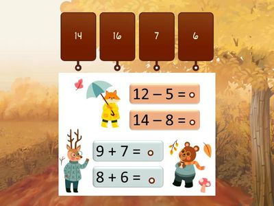 Реши примеры (с переходом через десяток), соединив с верными ответами. 