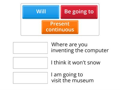 Be going to - Will - Present continuous 