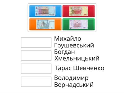 Розмістіть купюри відповідно того хто на них зображений