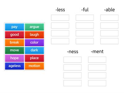 Suffixes -less, -ful, -able, -ness