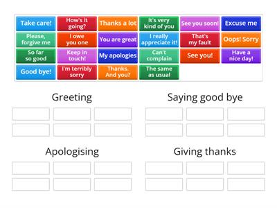 Greeting/Saying good bye/Giving thanks/Apologising