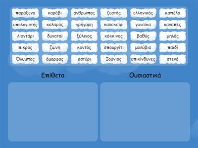 Σύρε τα επίθετα και  ουσιαστικά στη σωστή στήλη 