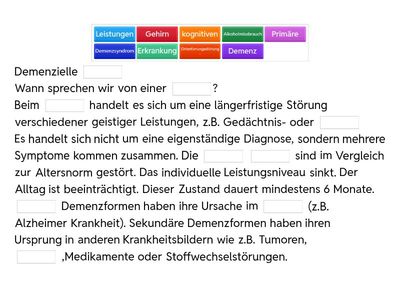 Lückentext Demenzielle Erkrankung: Füllen Sie die Leerstellen sinngebend aus.
