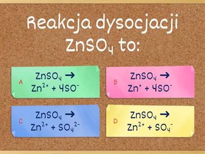 Test: Dysocjacja jonowa soli. Dopasuj przebieg reakcji dysocjacji do wzoru soli. JEDNA odpowiedź jest prawidłowa.