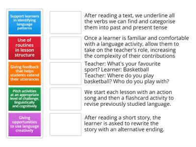 Match the following considerations for young learners' lessons to an example below