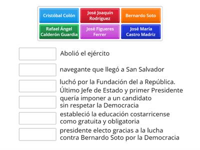 Une cada personaje con la frase que le describe según las efemérides. Gobernantes de Costa Rica