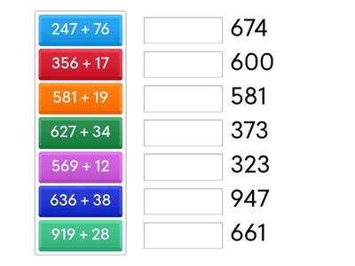 Sčítame do 1 000 s prechodom cez základ. Priraď správny výsledok k príkladu.