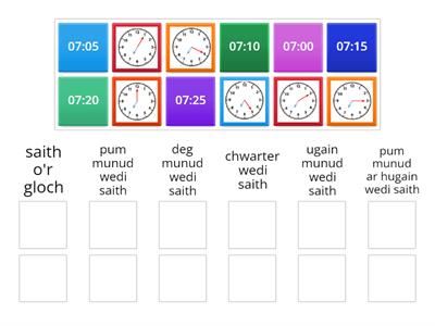 Gêm 1 - cyfateb clociau analog a digidol (wedi)