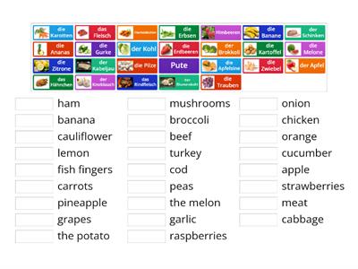 Obst, Gemüse, Fleisch, Fisch - match up foods 