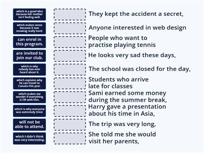 Matching exercise - relative clauses: comment clauses