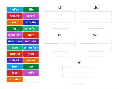  Konjugation von fernsehen, helfen, essen, lesen, schlafen