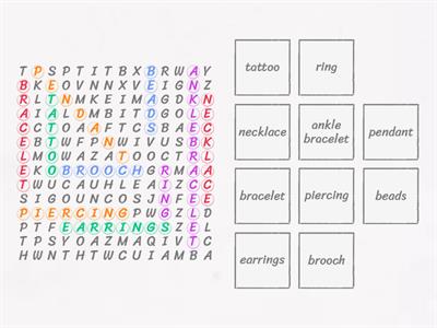 Advanced English Jewellery wordsearch