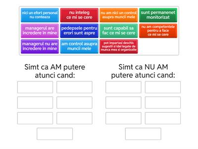 Alege pentru fiecare perceptie, daca angajatul simte ca are sau nu are putere in situatia respectiva