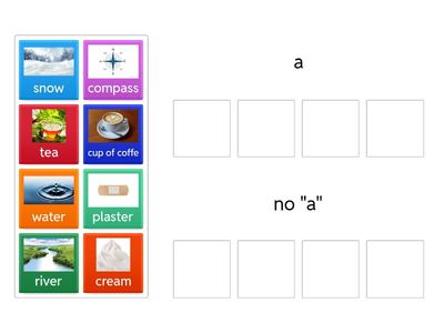 Put the words into groups which goes with "a" or no "a"