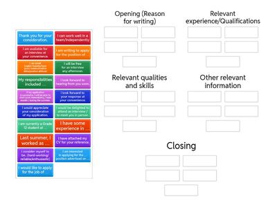 Drag and drop each useful expression into the correct part of the job application letter.