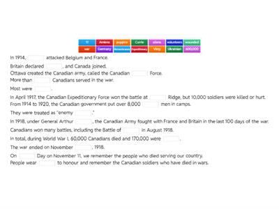 Canada's history: World War I Gap fill
