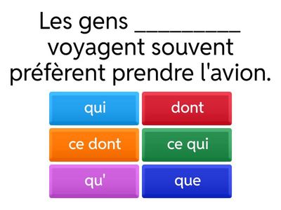  Pronoms relatifs: qui que, qu', dont, ce qui, ce que, ce qu', ce dont