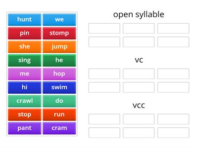 sort one syllable words into open syllable, vc and vcc