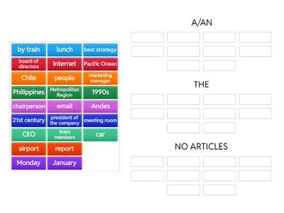 Classify the nouns into A/AN, THE, or NO ARTICLE