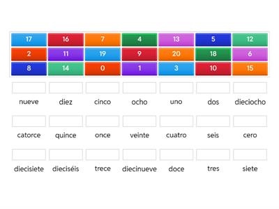 Numbers 0-20 in Spanish drag and drop