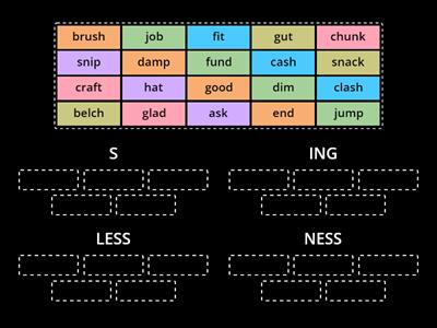 Suffix Pick, drag n drop for CVC (s,ing,ness,less)