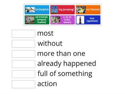 Suffixes: ing, s, es, less, est, ed, ful