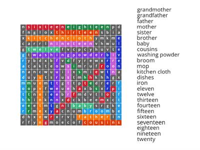 Family and house items, 1 to 20 numbers wordsearch