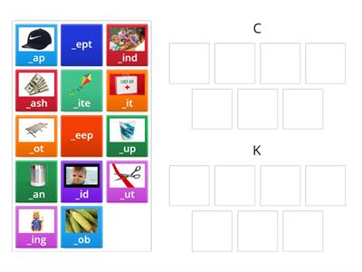 C or K?   Look at the first vowel in the word. Decide if the word would be spelled with a c or k.  Drag it to the group.