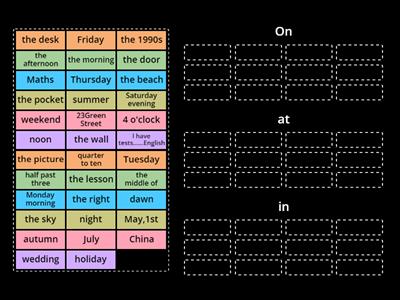 Prepositions.  on in at