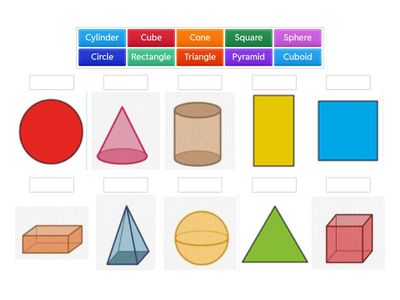 Match the Names of the 2-D and 3-D sahpes to the images of the shapes :