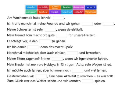 Lückentext Wortschatz 4 Klasse A2: Freizeit