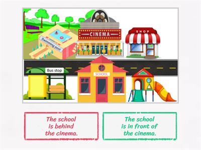 SM2. Town. Prepositions of place. (in front of, behind, between, next to)