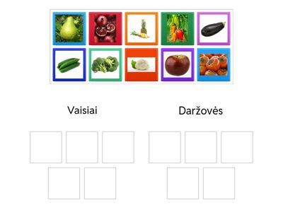 Kuriuose paveikslėliuose pavaizduoti vaisiai, o kuriuose – daržovės?  Nutempk korteles į tinkamas vietas. 