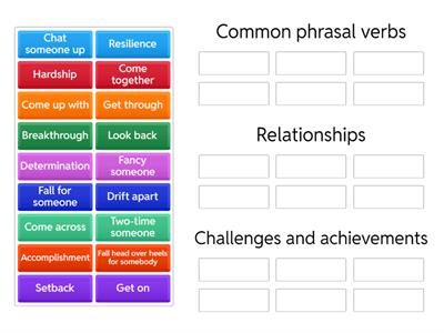 Review = group sorting Phrasal verbs, achievements, relationships