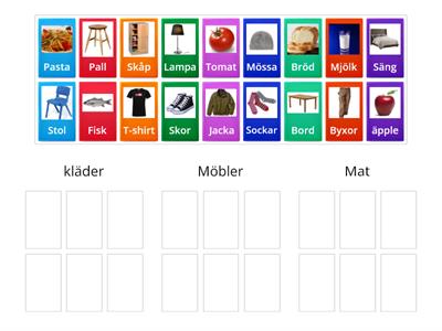 Kategorisera kläder,mat och möbler