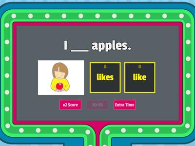 present simple like/likes eat/eats, etc
