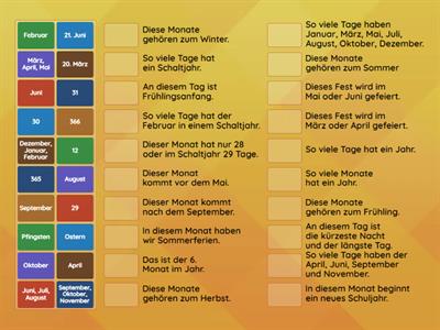 Quiz zu den Jahreszeiten, Monaten und zum Kalender - Ordne die Antwort  jeweils richtig zu!