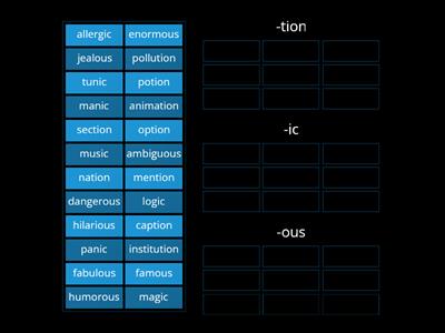 Mixed word endings -ous, -ic, -tion