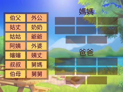 請將親戚的名稱，放到正確的一組。