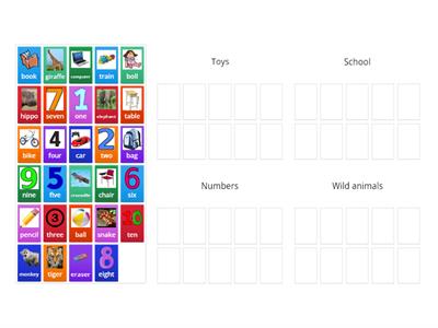 Toys, School, Numbers 1-10, Wild animals