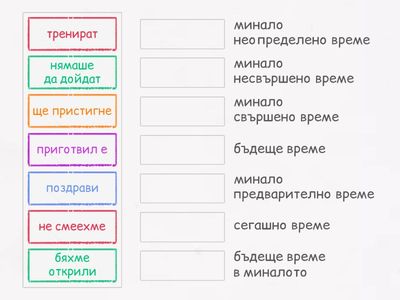 Свържете глаголните форми със съответното глаголно време.