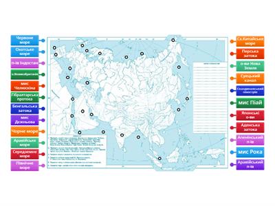 Крайні точки, острови,півострови,моря,затоки,протоки Євразії