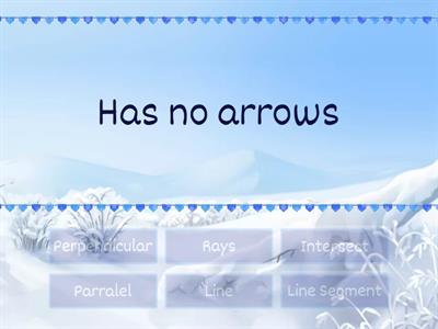 Rays, Lines, Line Segment, Parralel, Perpendicular, Intersect.