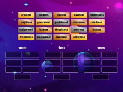 Suffix -ment, -less, and -ness