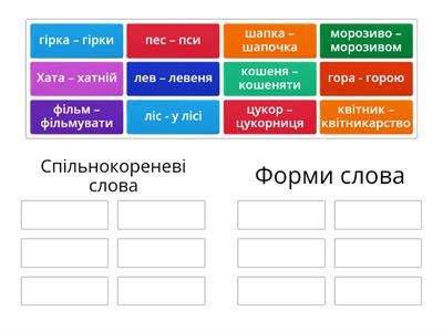 Визначте спільнокореневі слова та форми слова