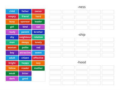 Suffixes -ness, -ship, -hood