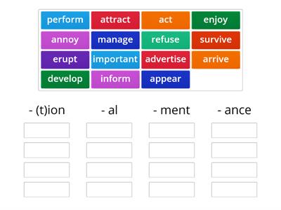 Suffixes al/ance/ment/tion