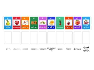 Фрукти, ягоди та горіхи (fruits /fruːt/, berries /ˈberi/ and nuts /nʌt/)