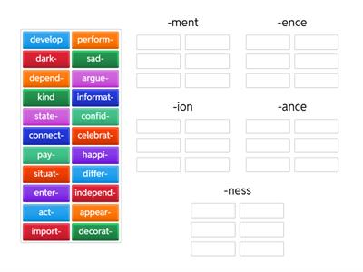 Nouns + suffix: -ance -ence -ion -ment -ness (state, process, result)